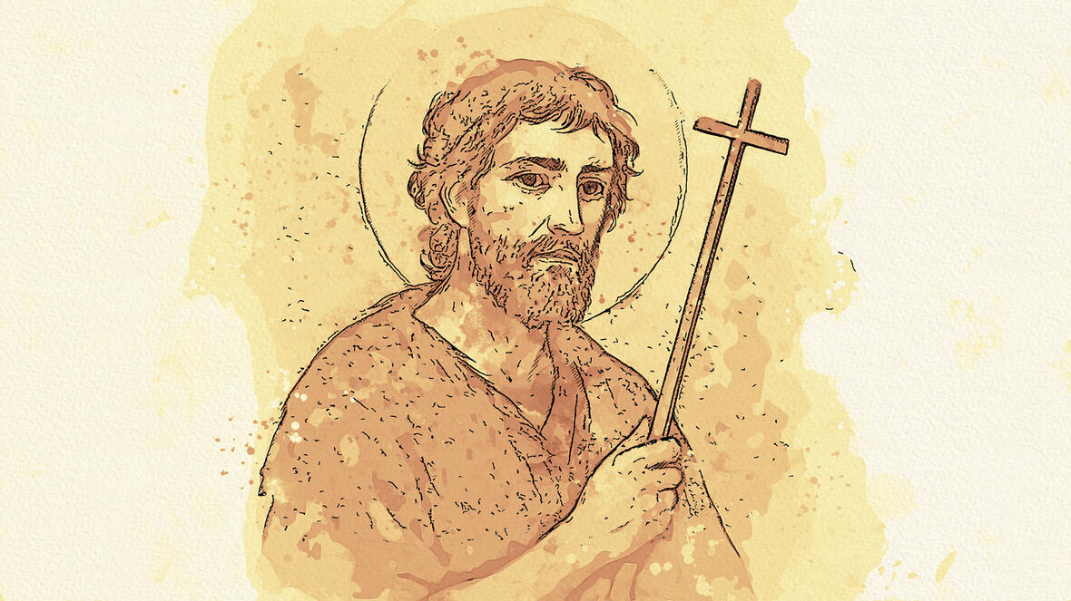 Heiliger Johannes Baptist, mit einem Kreuz in der Hand, stilisierte Darstellung.