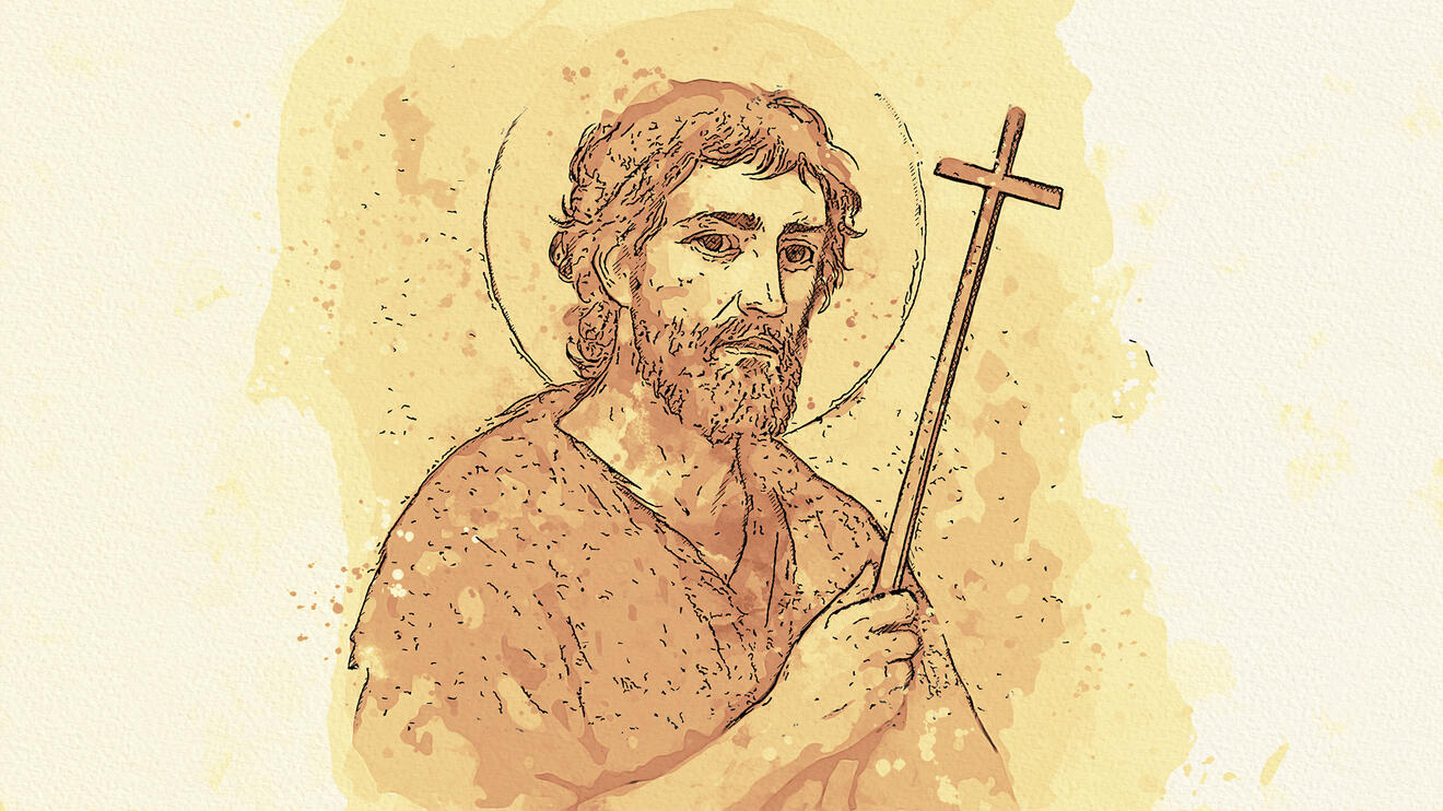 Heiliger Johannes Baptist, mit einem Kreuz in der Hand, stilisierte Darstellung.