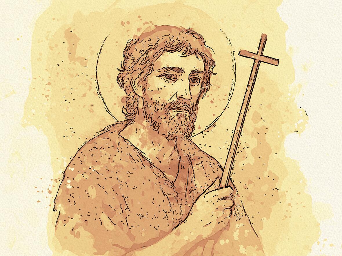Heiliger Johannes Baptist, mit einem Kreuz in der Hand, stilisierte Darstellung.