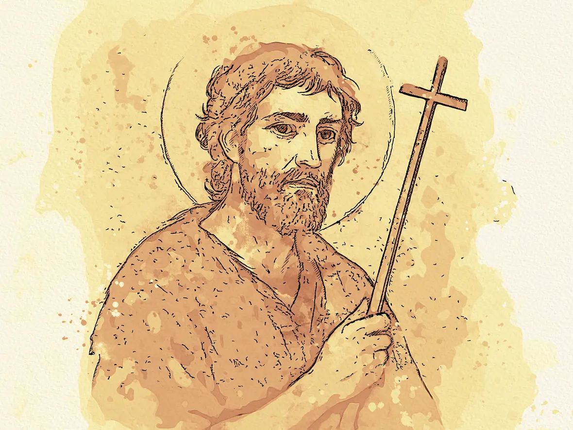 Heiliger Johannes Baptist, mit einem Kreuz in der Hand, stilisierte Darstellung.