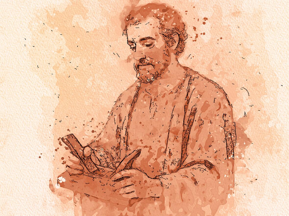 Darstellung des Heiligen Josef, der mit Werkzeugen arbeitet, umgeben von sanften Farbtönen.