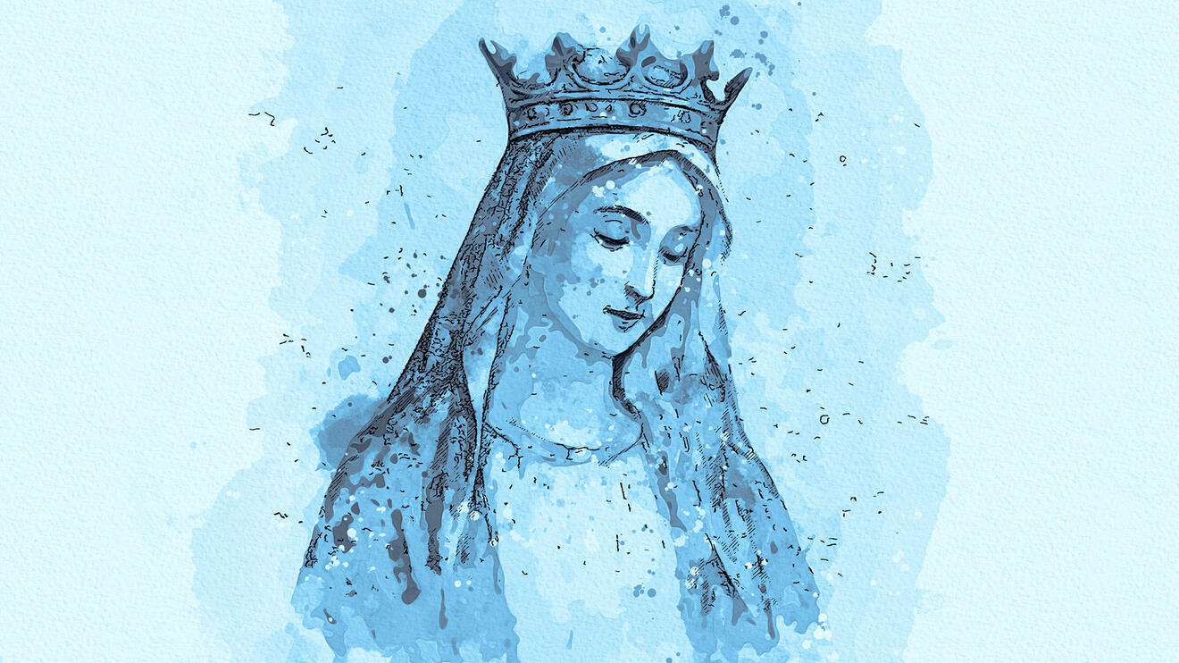 Maria Königin in blauer Farbpalette, mit Krone und sanftem Gesichtsausdruck.