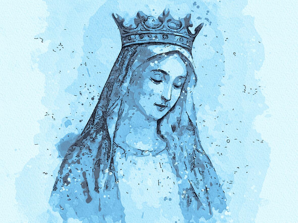 Maria Königin in blauer Farbpalette, mit Krone und sanftem Gesichtsausdruck.