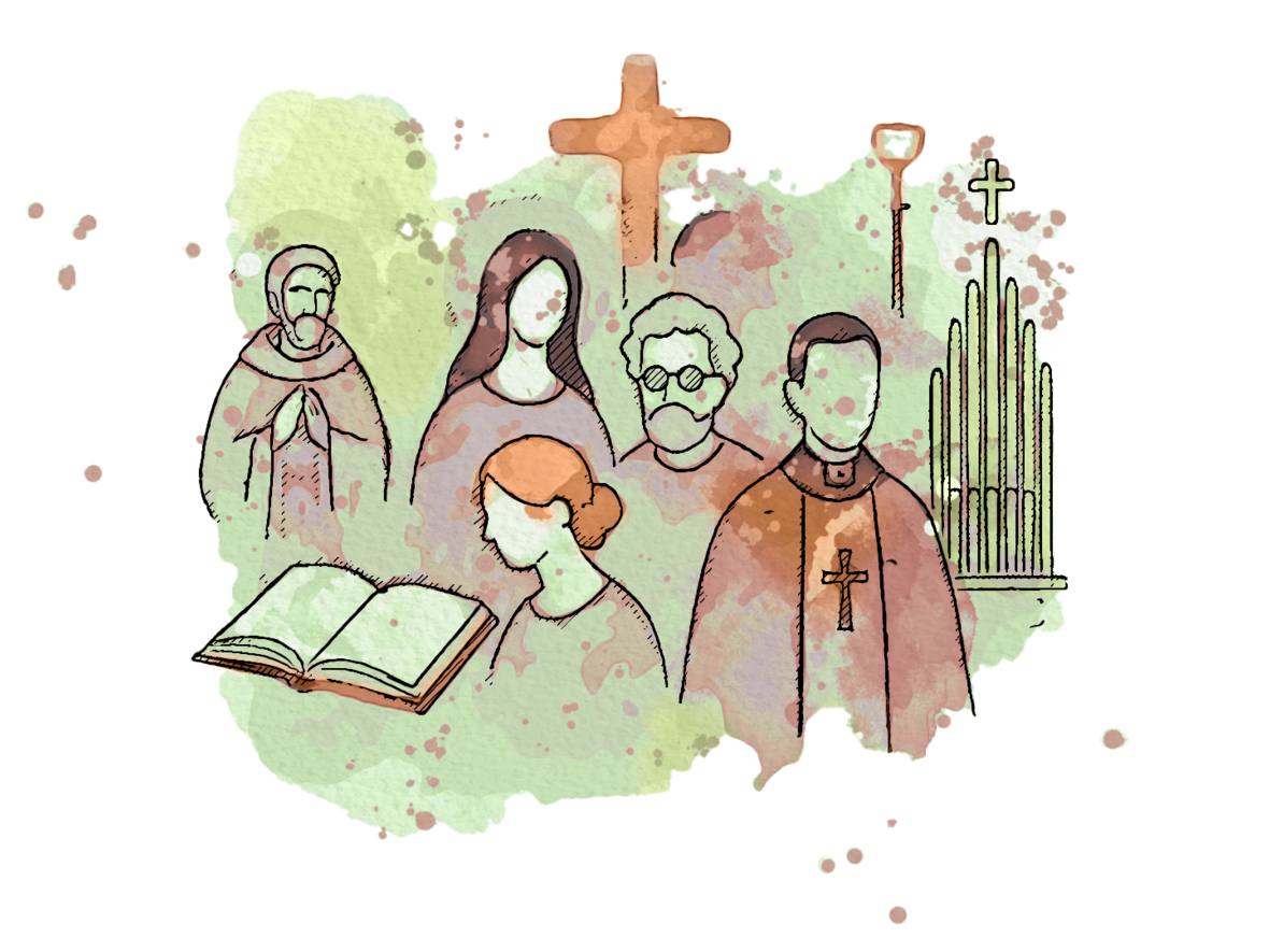 Illustration einer Gruppe mit einem Pfarrer, Gläubigen, Kreuzen, einer Orgel und einem Buch