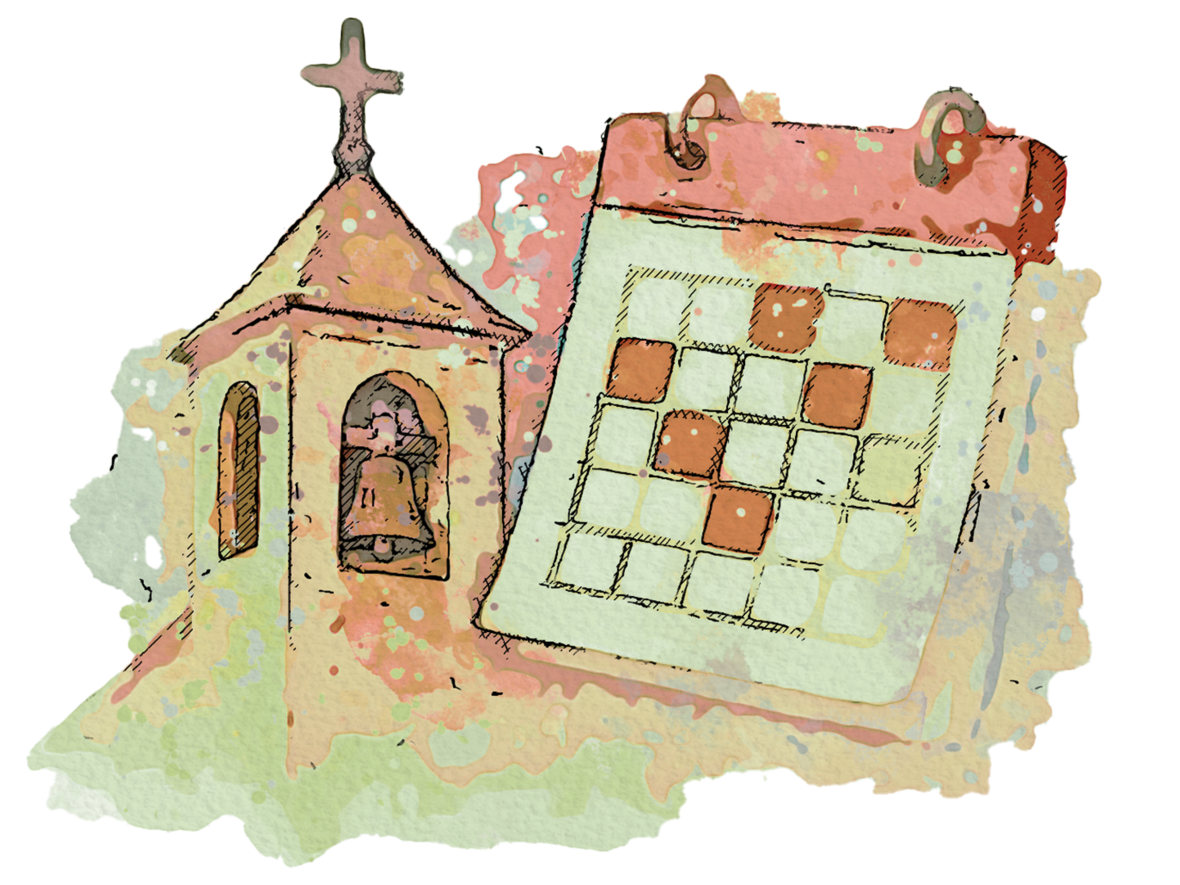 Illustration eines Kirchturms mit Glocke und Kalender